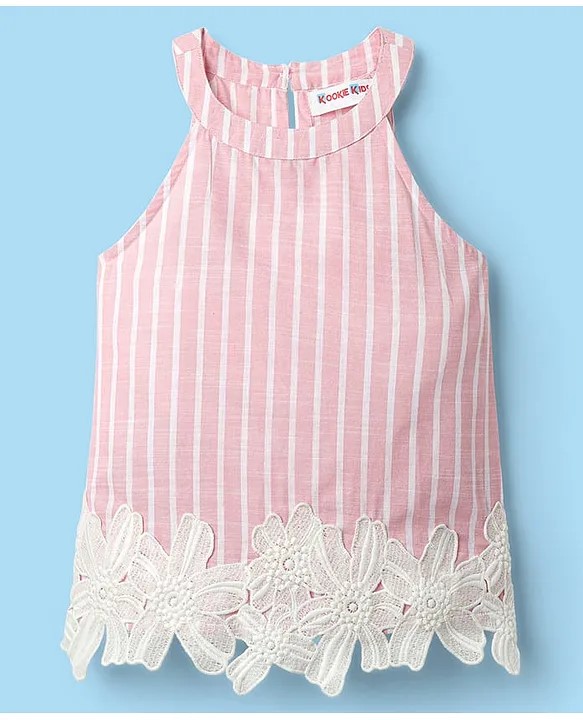 Kookie Kids India Kookie Kids Woven Sleeveless Halter Neck Striped Top With Bottom Lace Detailing - Pink
